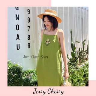 Đầm hai dây linen xanh cốm thêu hoa