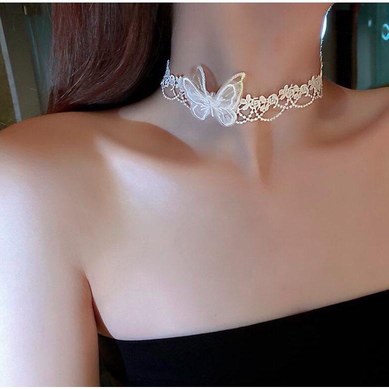 Vòng cổ dây chuyền choker nữ vải ren hoa cánh bướm phong cách hàn quốc cá tính
