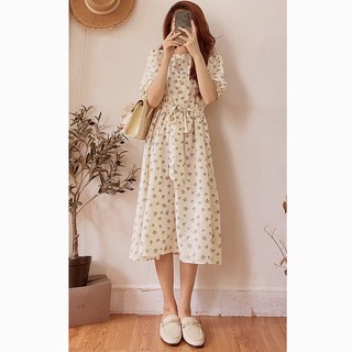 Đầm trắng hoa nhí xốp đi du lịch lễ hội xuân biển body tay ngắn dáng dài vintage , Váy dự tiệc chiffon