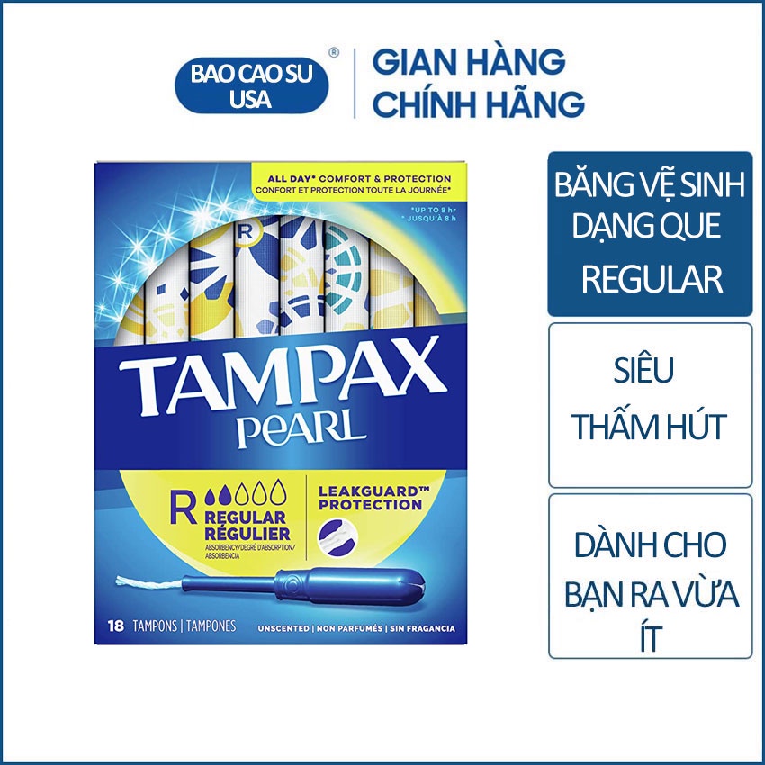 Băng vệ sinh Tampons siêu thấm Tampax Pearl Regular 2 giọt - Hàng nhập Mỹ hộp 18 miếng