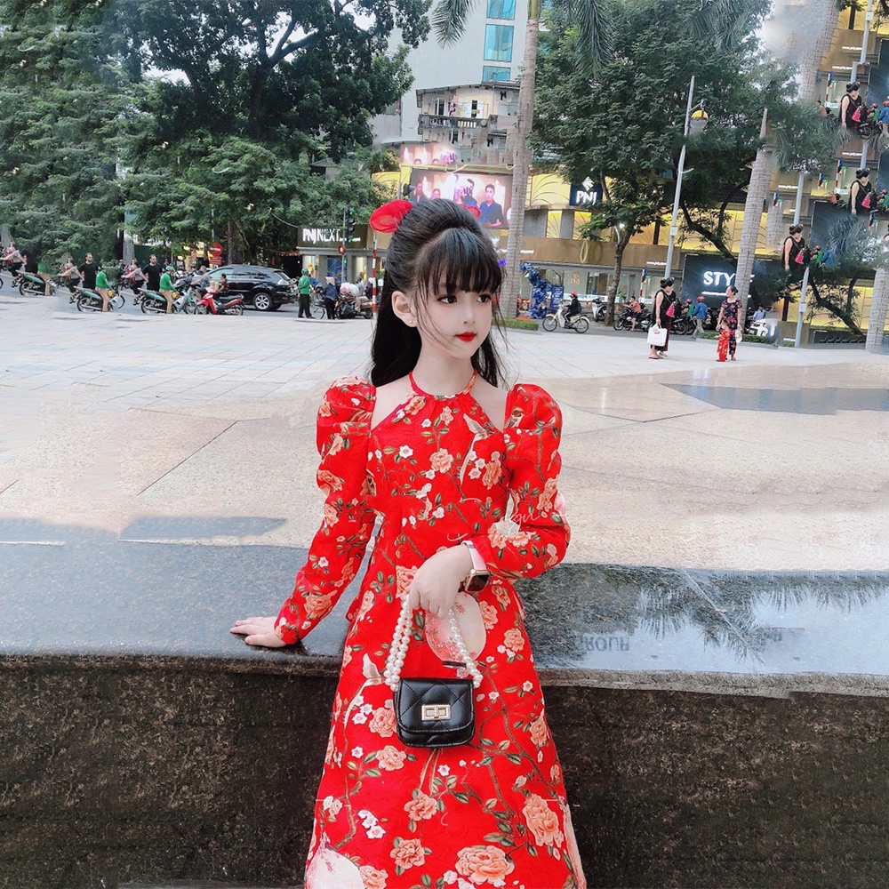 Áo dài cổ yếm họa tiết hoa cho bé gái 10-22kg Chanh Bé