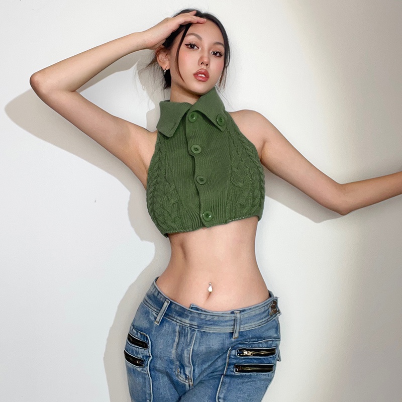 Weird Puss Áo Dệt Kim Sát Nách Cổ Cao Dáng Ôm Màu Trắng / Xanh Lá Phong Cách retro Đường Phố Cho Nữ