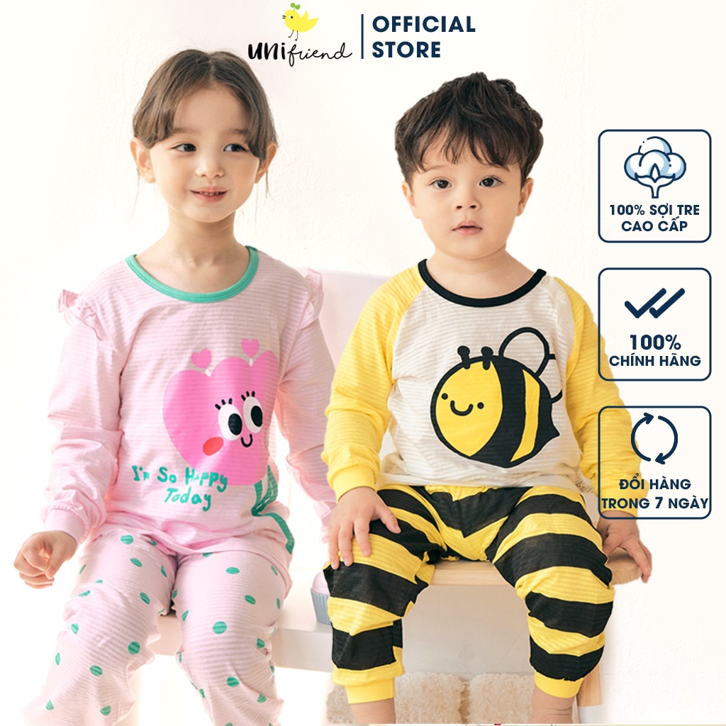 Đồ bộ ngủ tay dài quần áo thun cotton mặc nhà mùa hè cho bé trai và bé gái Unifriend Hàn Quốc U2023-3