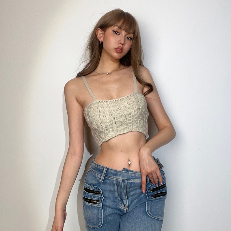 Weird Puss Jennie Áo hai dây Dệt Kim Dáng Ngắn Hở Rốn Eo Cao Màu Trơn Cho Nữ