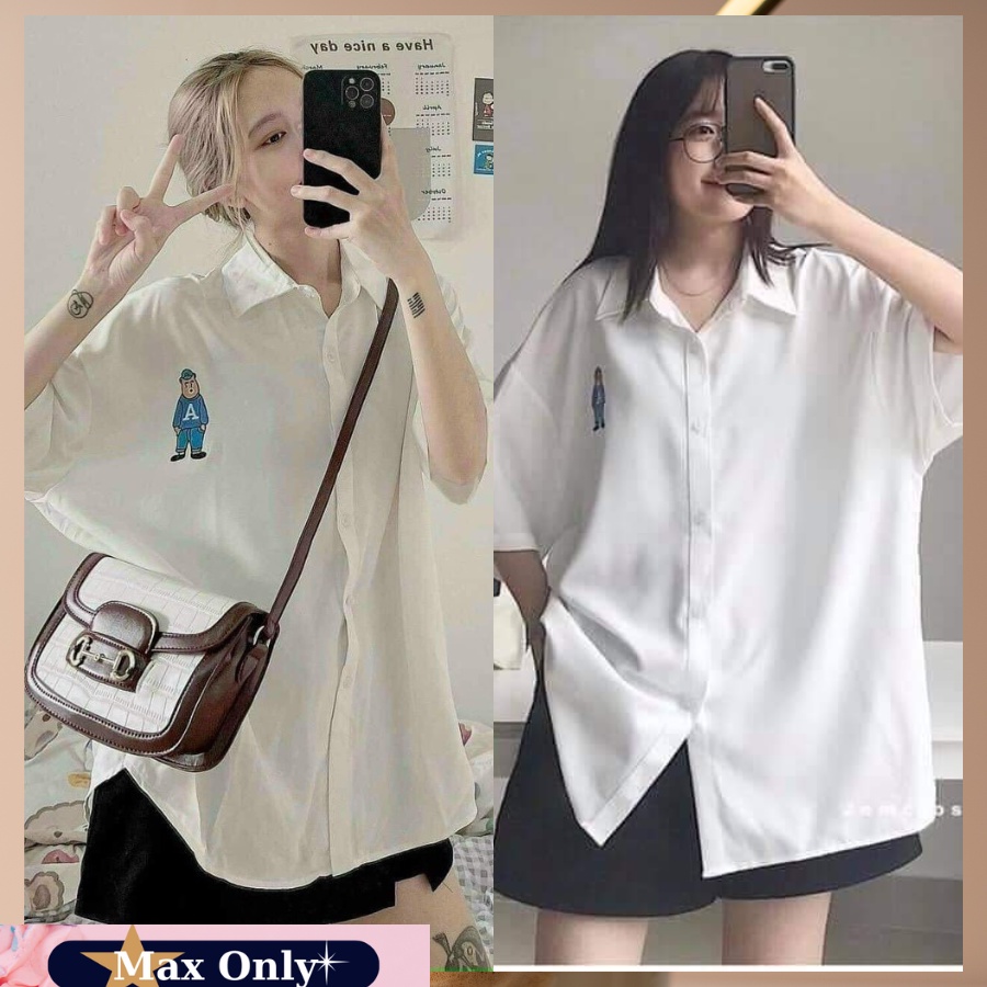 Áo sơ mi tay lỡ cho nữ họa tiết thêu gấu A freesize