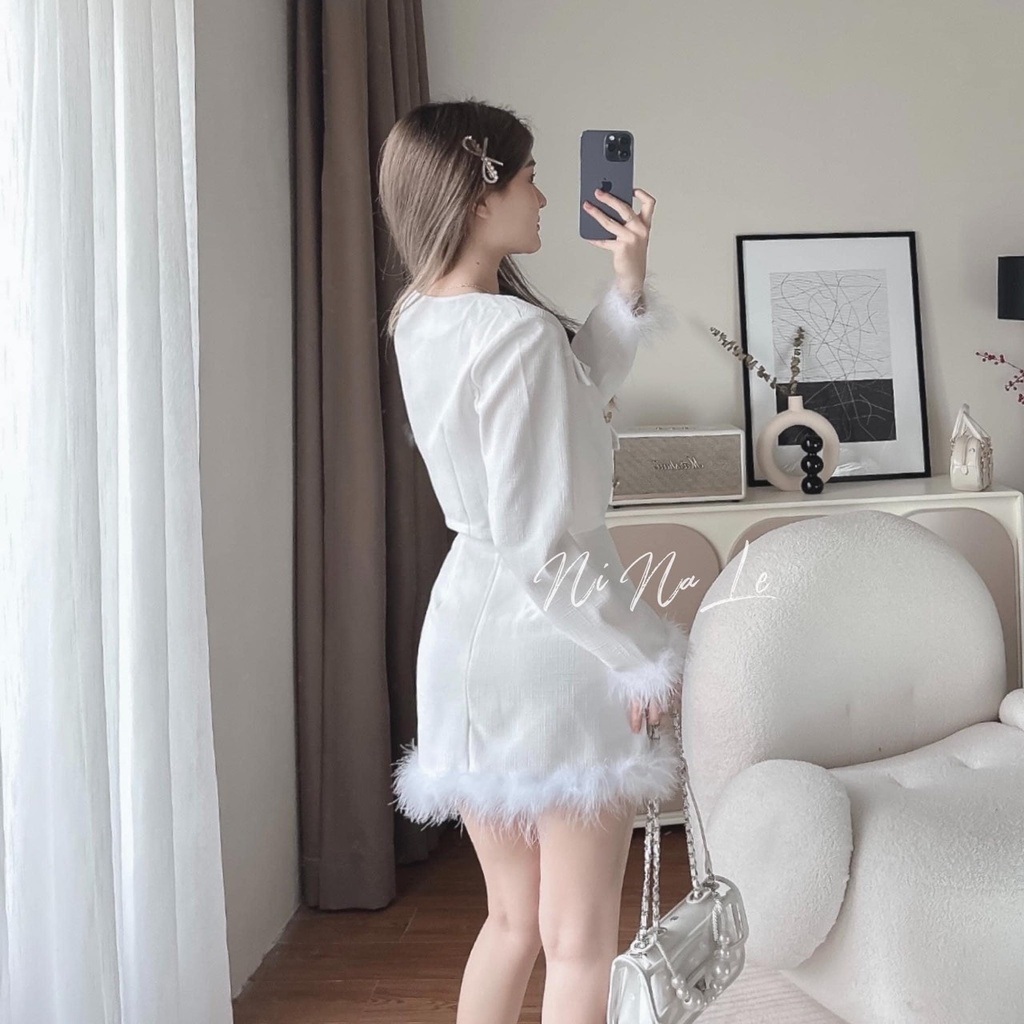 Set bộ 3 món áo khoác dạ croptop kèm bra 2 dây phối chân váy lông vũ Hari_Fashion - Mã SR265