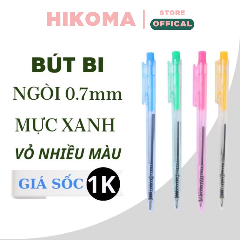 Bút bi xanh mini ngòi 0.7mm dễ mang theo - vỏ nhiều màu - bút bi xanh bấm ngòi to - bút bi bấm giá rẻ - HIKOMA STORE