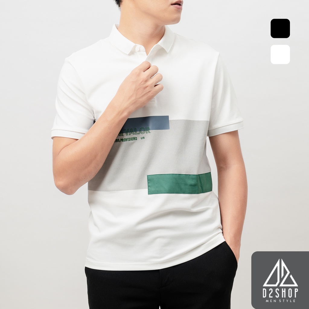 Áo thun polo nam D2shop, áo polo nam phối ngực thêu thêu chữ EMBER&VALOR, màu trắng [B-0029]