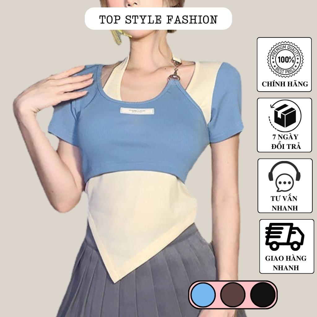 Áo croptop ngắn tay vạt nhọn siêu tôn dáng, áo kiểu nữ cổ yếm phối xích gợi cảm-A10