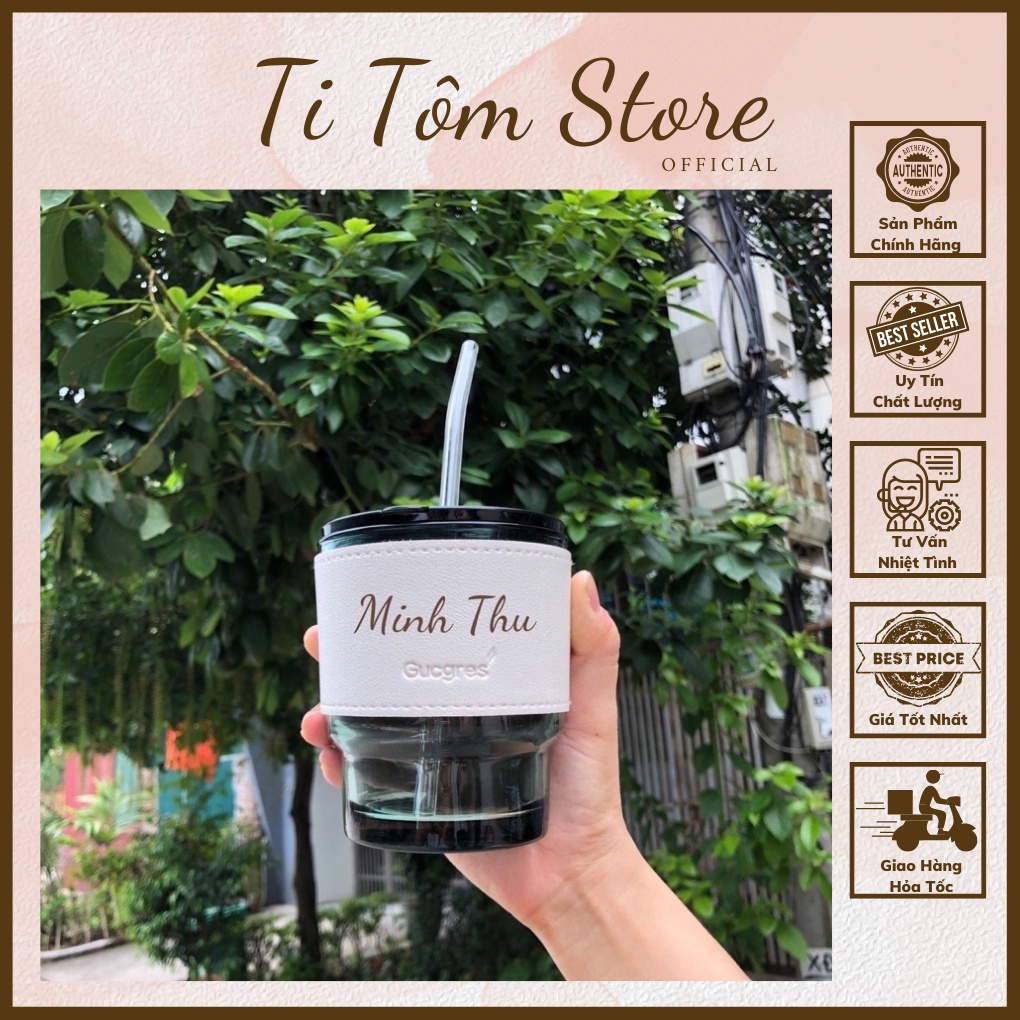 Cốc Thủy Tinh Gorgous Có Nắp Và Bao Da Đi Kèm 450 ml-Tặng Kèm Ống Hút Thủy Tinh-TITOMSTORE