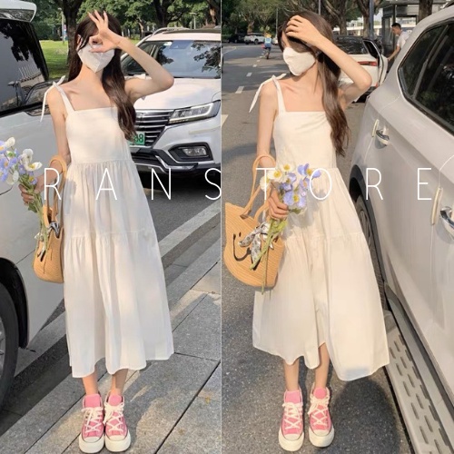 Váy 2 dây trắng dáng dài ulzzang, đầm maxi trên ôm dưới xòe form rộng freesize thời trang mùa hè 2023 ranstore