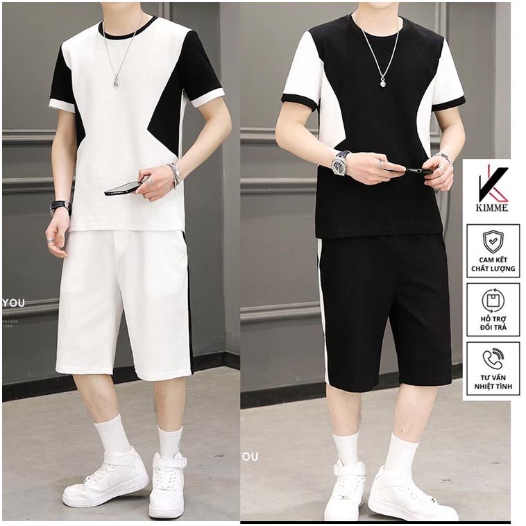 Bộ Cộc Tay Mùa Hè Trẻ Trung Năng Động, Bộ Thể Thao Chất Liệu Cottong Tổ Ong Thoáng Mát Màu Trắng Đen KIMMEi