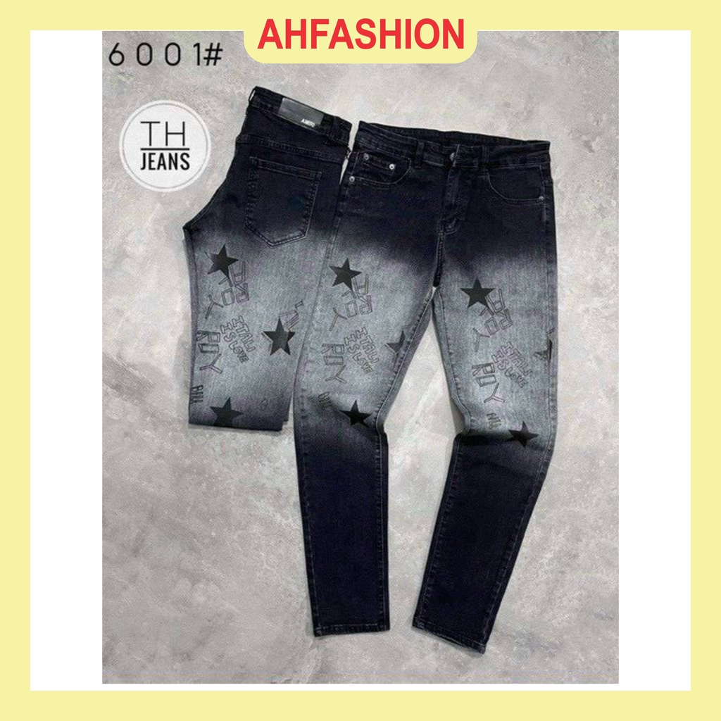 Quần jean nam đen trơn co giãn loang màu thêu logo,from chuẩn,vải dày,mẫu mới-AHFASHION