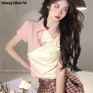 Áo polo Xiang Nian Ni ngắn tay họa tiết trái tim xinh xắn dành cho nữ