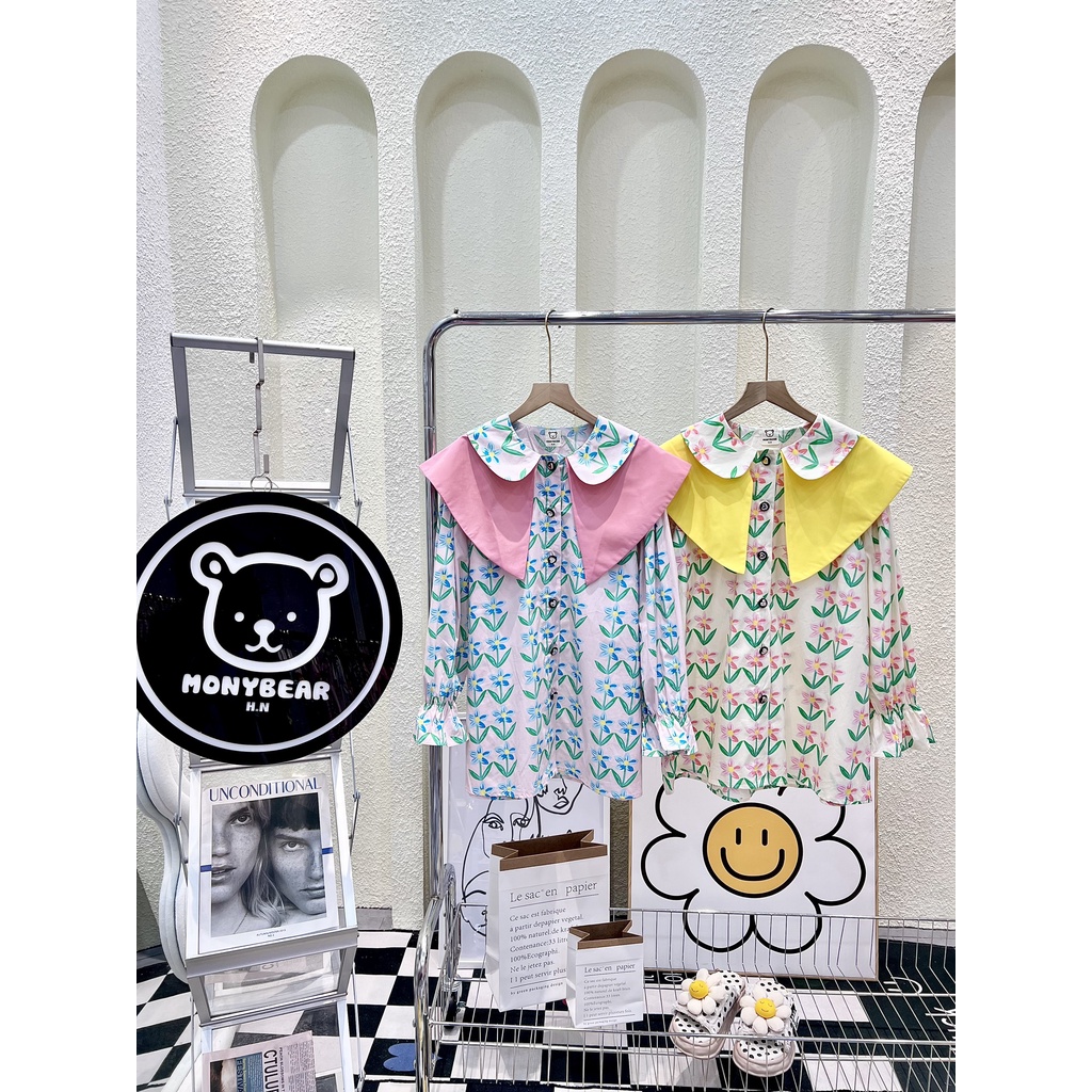 Đầm sơmi hoa phối lá cổ to 2 màu siêu xinh  - HN1114