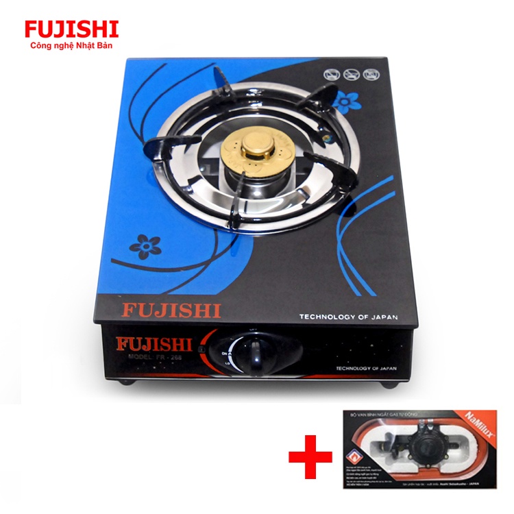 COMBO Bếp gas chén nhôm đơn FUJISHI FR-268N - Kính xanh + Bộ dây van ngắt gas tự động NAMILUX - Dùng bình gas lớn