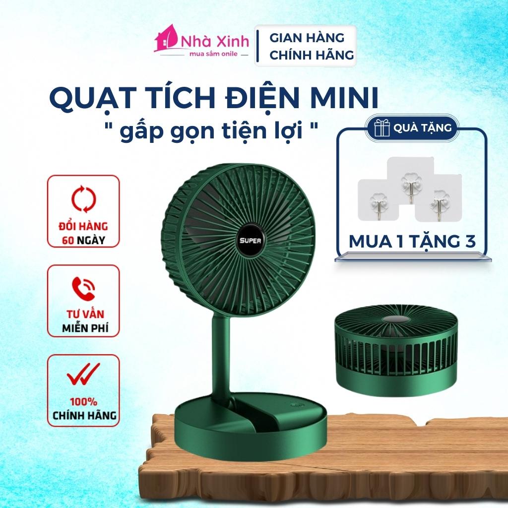 Quạt Tích Điện Gấp Gọn, Quạt Mini Để Bàn Xanh SHUPER Xoay 180 Độ, 3 Tốc Độ Gió, Cổng Sạc USB, Pin 1200mAh, Quạt Cầm Tay