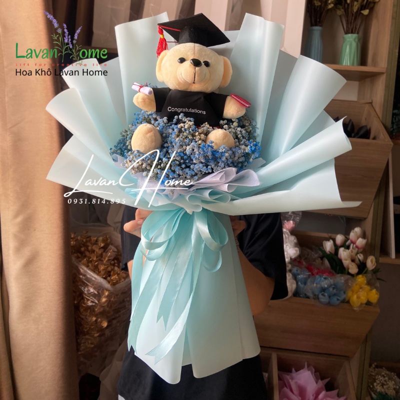 (giao Hỏa tốc) Bó hoa baby khô kèm gấu tốt nghiệp 25cm, quà tặng tốt nghiệp, hoa mừng tốt nghiệp, gấu tốt nghiệp HCM