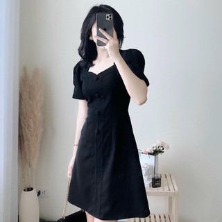 Đầm váy freesize đen cổ tim nút bọc