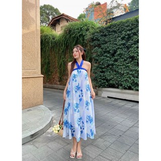 ĐẦM MAXI HOA CỔ YẾM HỞ LƯNG (MÀU TRẢI SÀN)