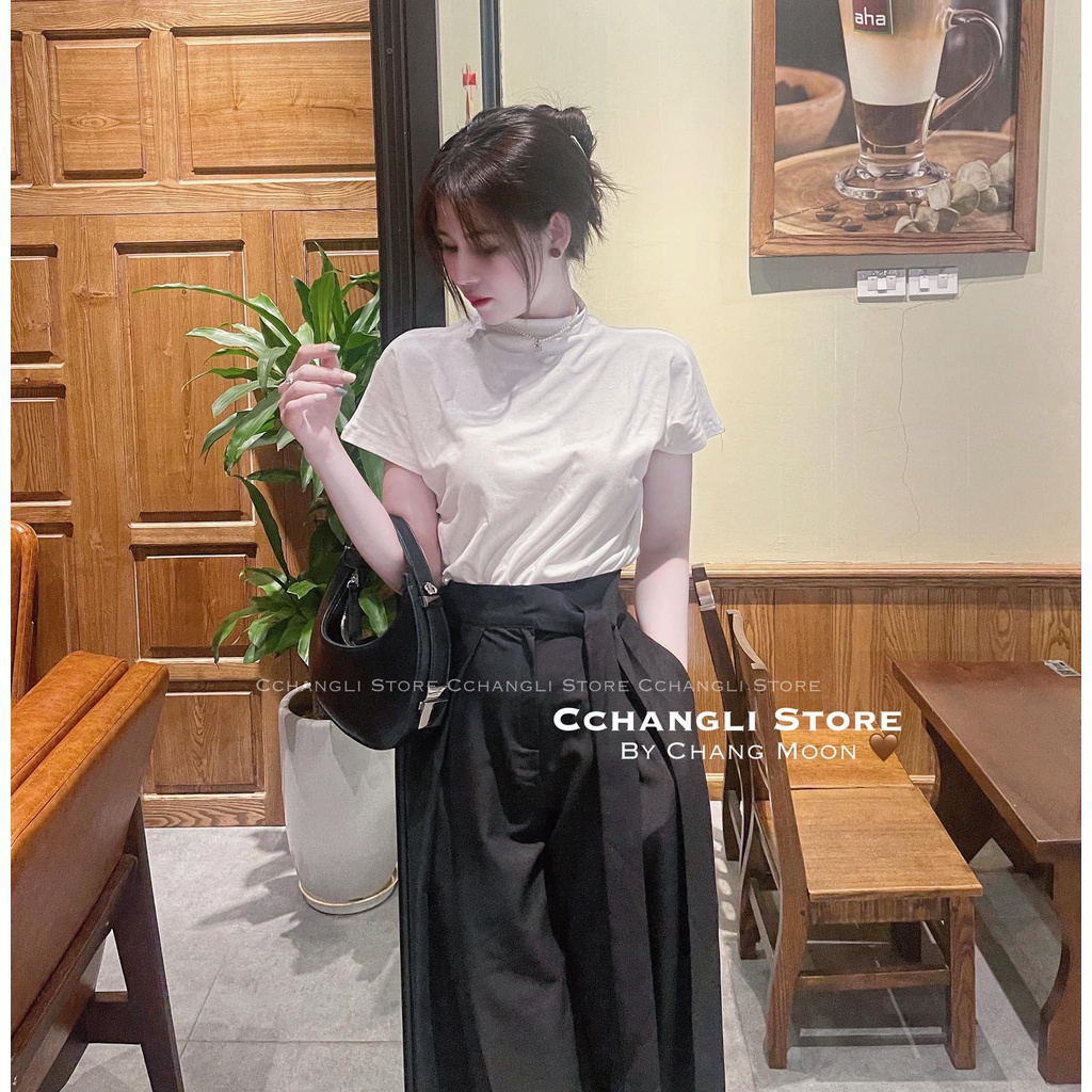 Set áo thun cotton croptop lụa cổ 3p mix quần xám xuông thụng nơ LD200