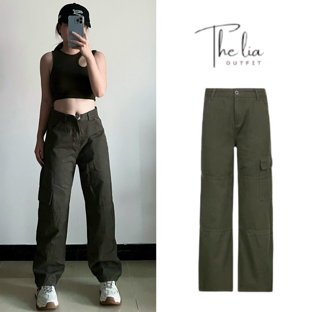 Quần kaki túi hộp ống rộng, quần jeans ống đứng dáng suông nữ cạp cao màu xanh rêu hottrend