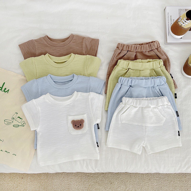 Bộ cộc tay cotton tăm lạnh thêu hình gấu dễ thương cho bé trai bé gái B02