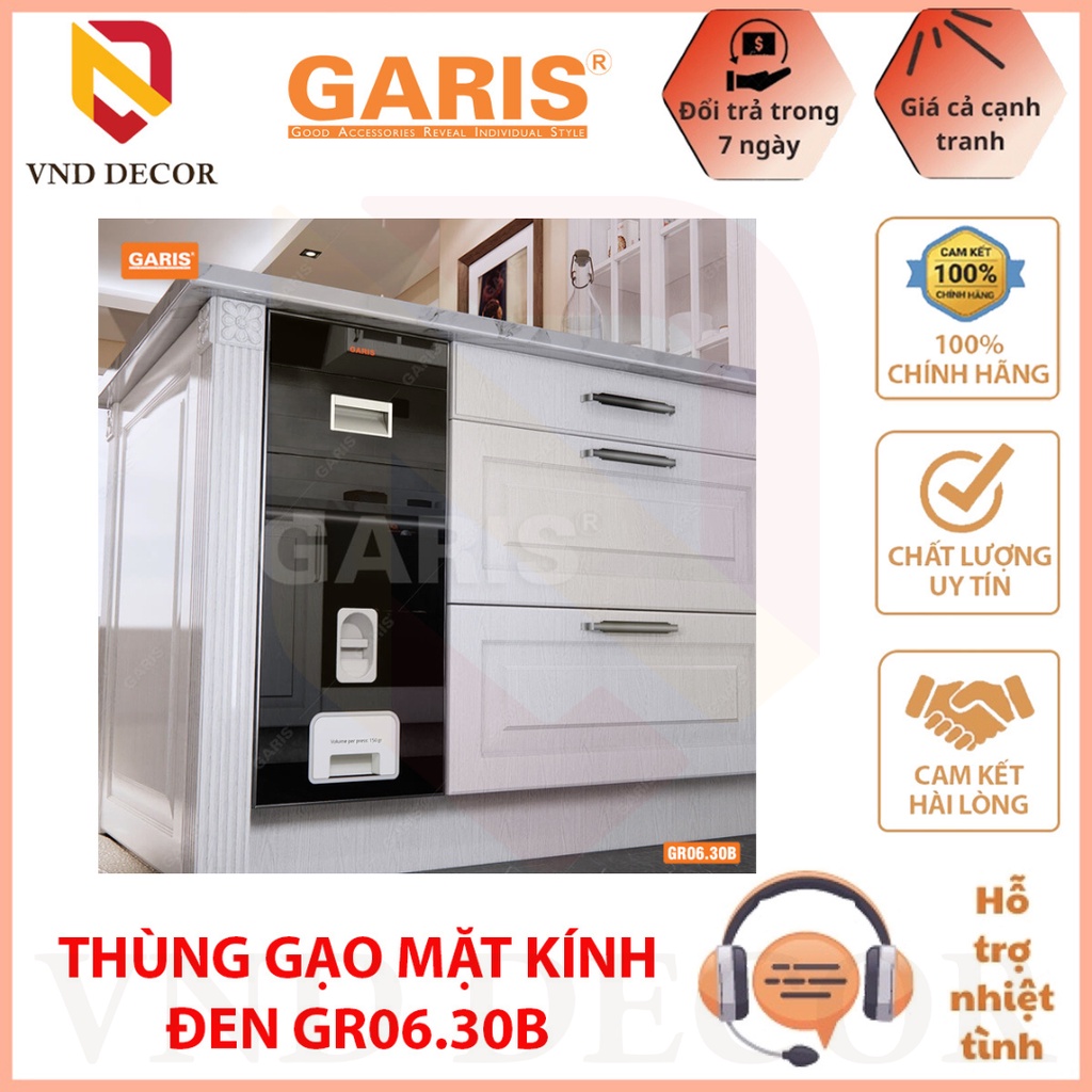 Thùng gạo GARIS mặt gương/ mặt kính trắng/ đen, 15kg/20kg GR06/GR07, Hàng chính hãng