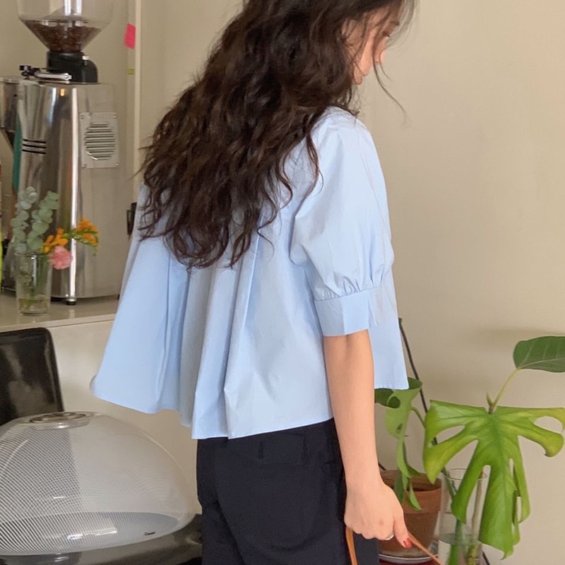 Áo sơ mi dáng lửng tay bồng xếp li sau HACHIE