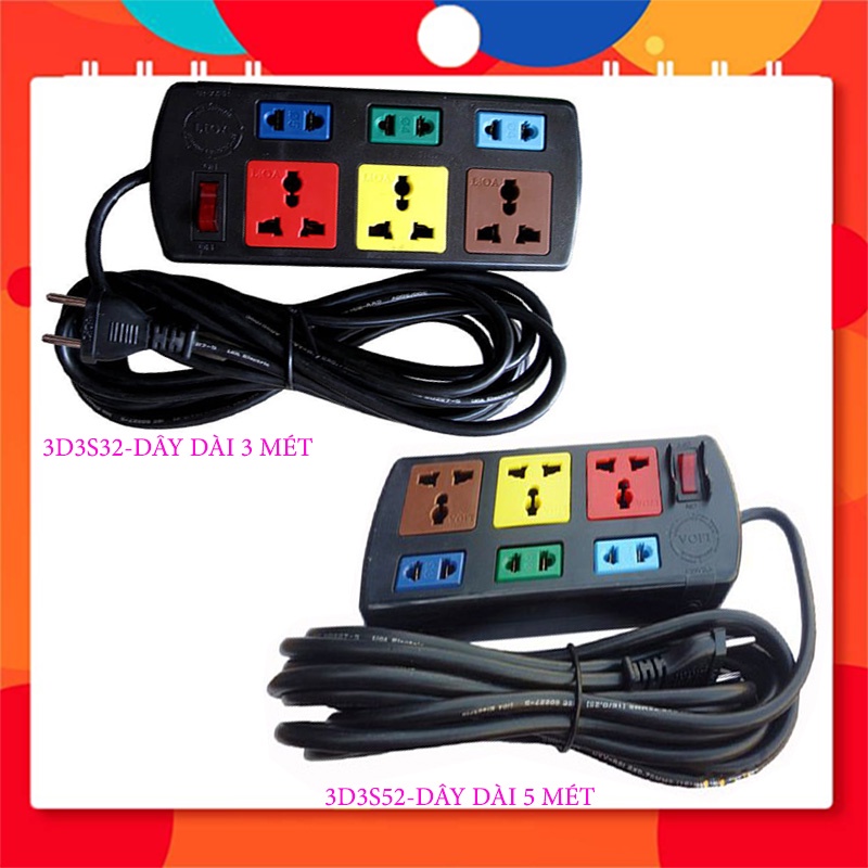 Ổ cắm điện LIOA phổ thông, 2200W, 6 ổ cắm đa năng, 1 công tắc, dây dài 3M & 5M, 3D3S32 – 3D3S52, màu đen