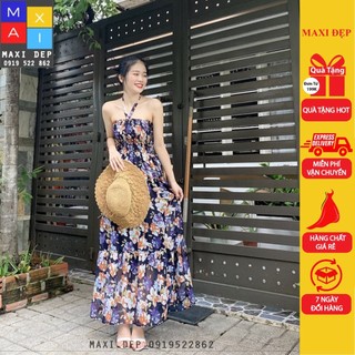 Đầm Maxi 2 Dây Nơ Họa Tiết Hoa Đa Sắc Freesize Maxi Đẹp Freesize Cho Nàng Từ 38-70Kg