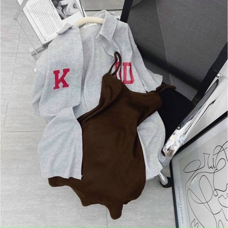 Sét đầm body + áo khoác xám thêu chữ from rỗng