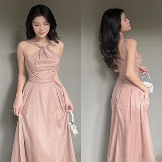 Đầm dự tiệc cổ yếm voan ánh kim v77