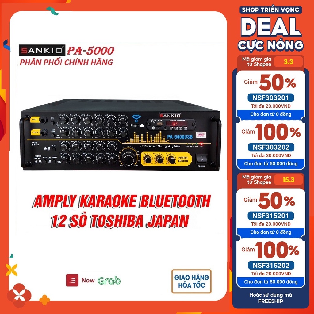 Âm ly Bluetooth SANKIO PA-5000USB - Amply karaoke 12 sò lớn - nút nhôm - quạt tản nhiệt