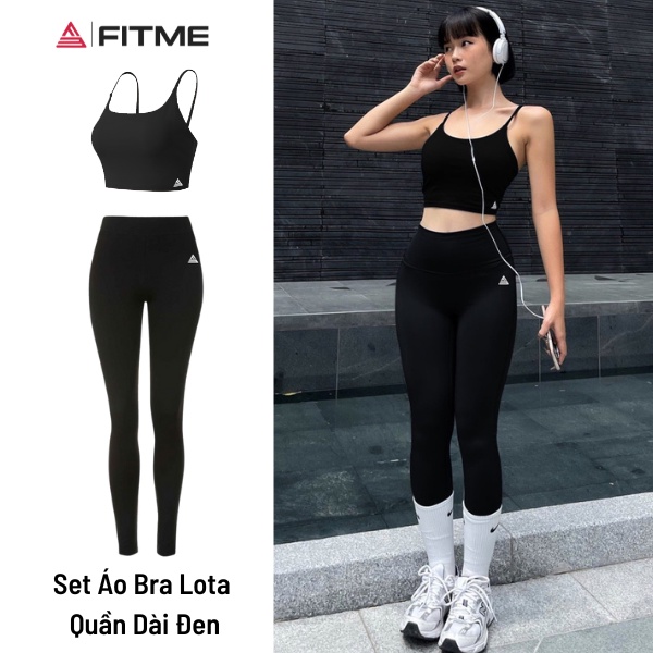 Bộ quần áo thể thao nữ Fitme áo bra tập gym Lota Đen, quần legging dài Đen cạp cao hỗ trợ tập yoga tốt