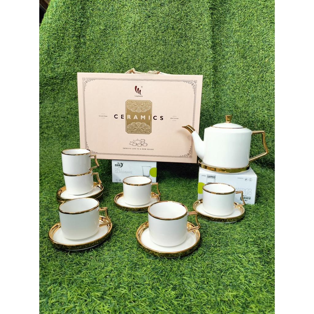 Bộ ấm trà sứ 6 chén cao cấp nhiều họa tiết độc lạ mẫu mới kèm hộp đựng xịn xò mang đi tặng quà