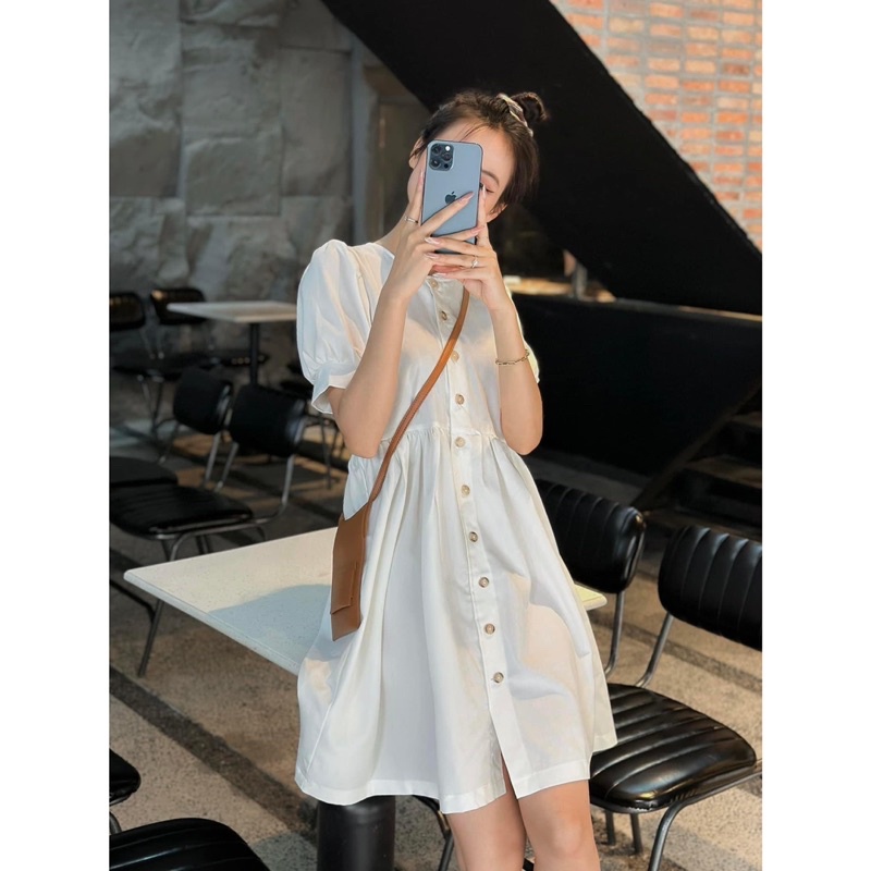 Đầm - Babydoll - Cổ Tròn - Nút Dọc - Tay Ngắn Phồng