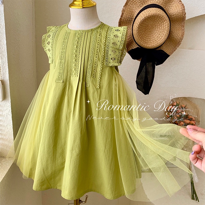 Váy bé gái phong cách Hàn Quốc, chất đũi lớp ren mềm tay màu sắc xanh bơ vintage cực xinh phù hợp đi chơi, size 1-7 tuổi