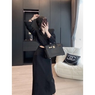 Set áo vest cột eo kèm chân váy dài