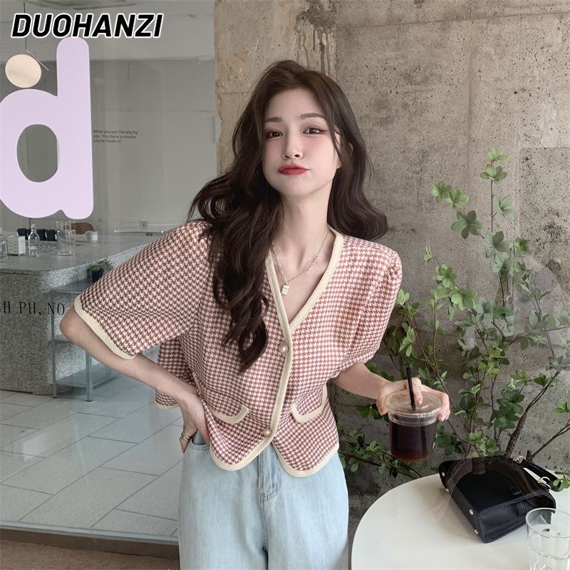 Áo Khoác cardigan Ngắn Tay Cổ Chữ V Họa Tiết Kẻ Ô Phong Cách Mới Cho Nữ