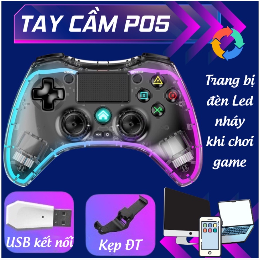 Tay cầm chơi game full skill FO4 PS5 P05/S03 LED RGB, Tay cầm không dây chơi fifa online4 full skill cho PC/ Laptop/ TV