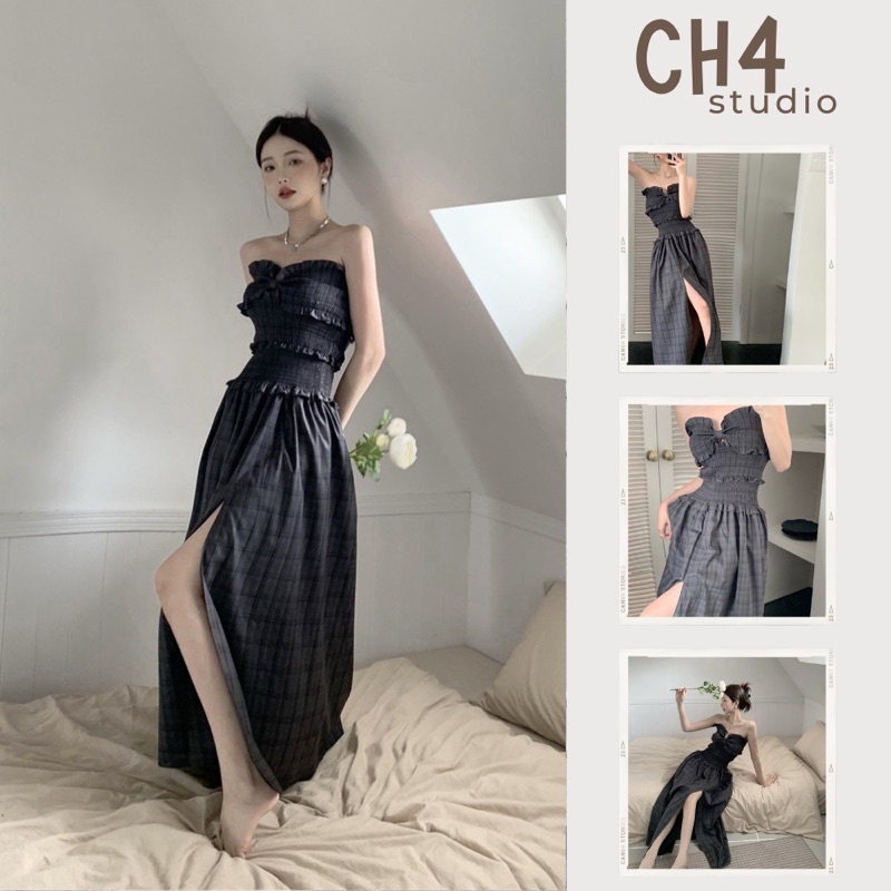 Đầm quây ngực, váy cúp trễ vai dáng dài màu đen than caro cách điệu xẻ tà