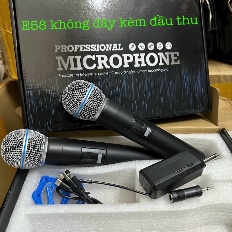 Bộ Đôi Micro Karaoke E58 ko dây kèm đầu thu dành cho loa kéo