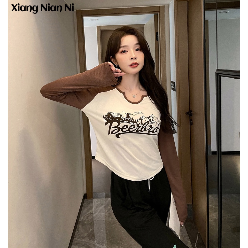 Xiang Nian Ni Áo Thun Lửng Tay Dài In Chữ Phối Màu Tương Phản Cá Tính Cho Nữ
