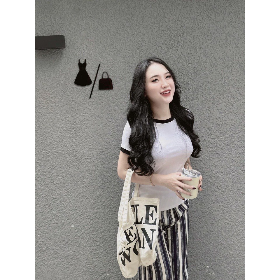 Set áo thun ngắn tay ôm body kèm quần ống rộng kẻ sọc chất thun co dãn mát mịn- set bộ đi chơi nữ dễ thương hàn quốc