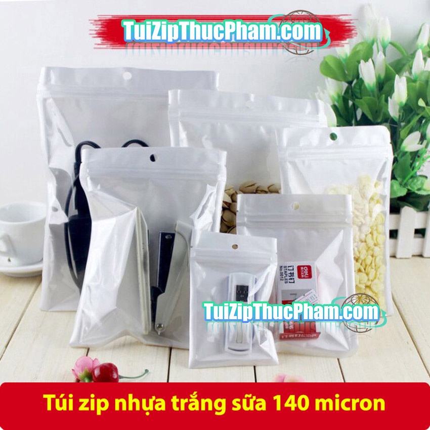 Túi zip trắng sữa đáy liền mặt trong suốt 100 cái có lỗ treo đựng dây cáp sạc, linh kiện điện tử size nhỏ giá xưởng