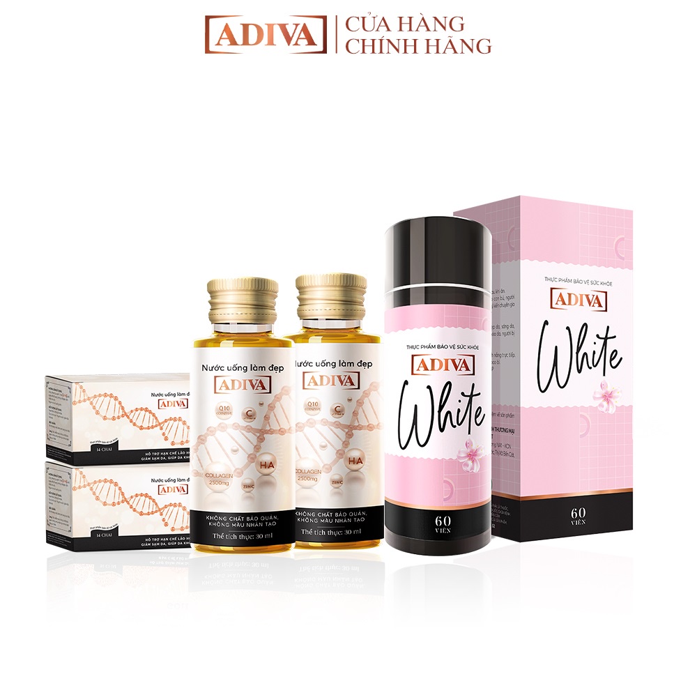 Combo 2 Hộp Nước Uống Làm Đẹp Collagen ADIVA (14 Chai/Hộp) + 1 Hộp Viên Uống Trắng Da ADIVA White 60 Viên