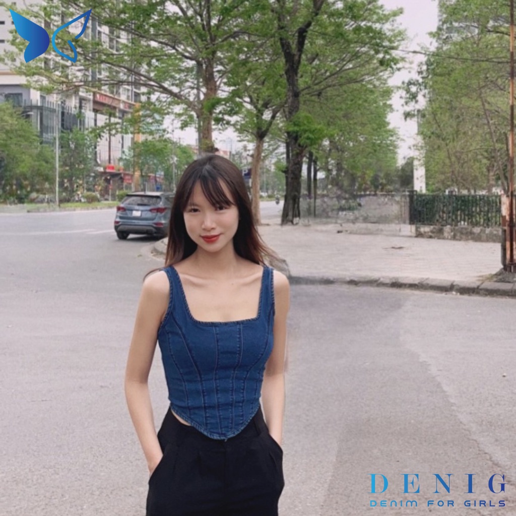 Áo hai dây jean kiểu dáng corset phối khóa kim loại DENIG