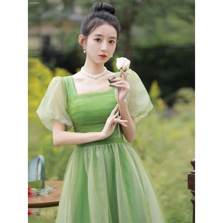 Đầm Cổ Vuông Tay Phồng Màu Xanh Lá Mùa Xuân 2023 Phong Cách Mới Cho Nữ