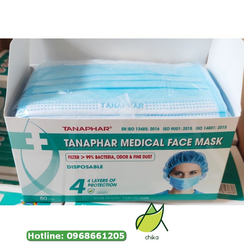 Khẩu trang y tế TANAPHAR 3, 4 lớp hộp 50 chiếc màu xanh, trắng, than hoạt tính - khẩu trang Tân Á - Chika
